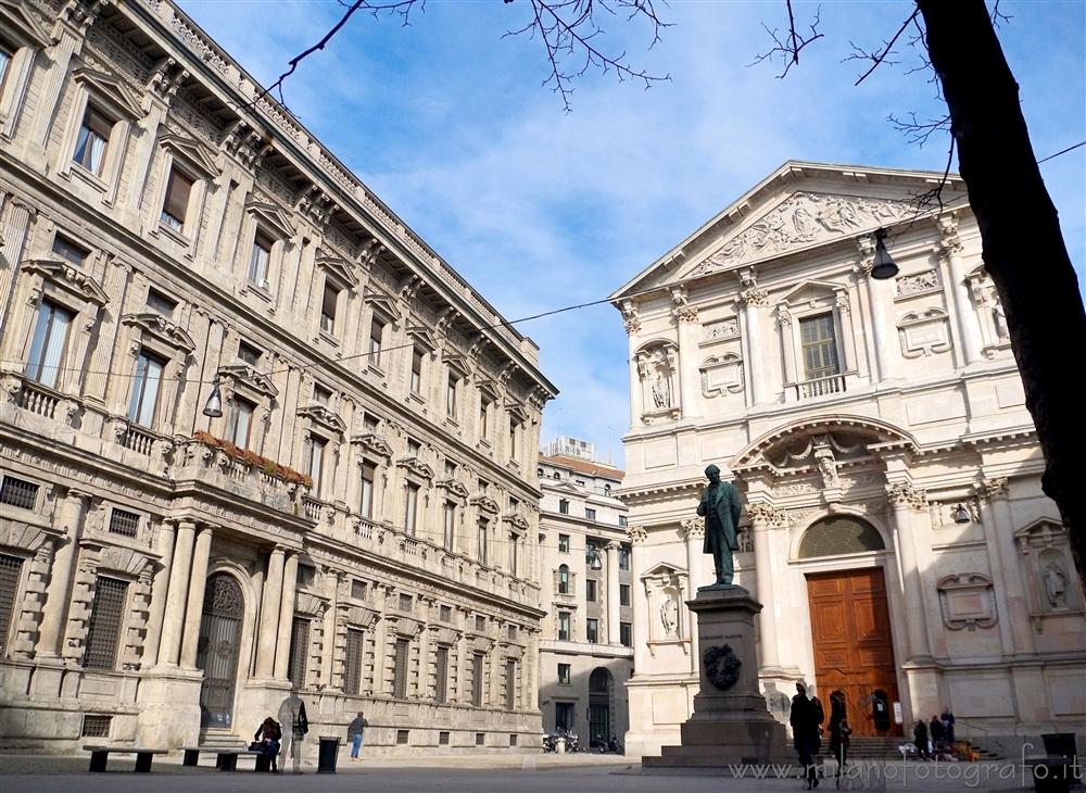 Milan (Italy) - San Fedele square, with Church of San Fedele and statue of Alessandro Manzoni